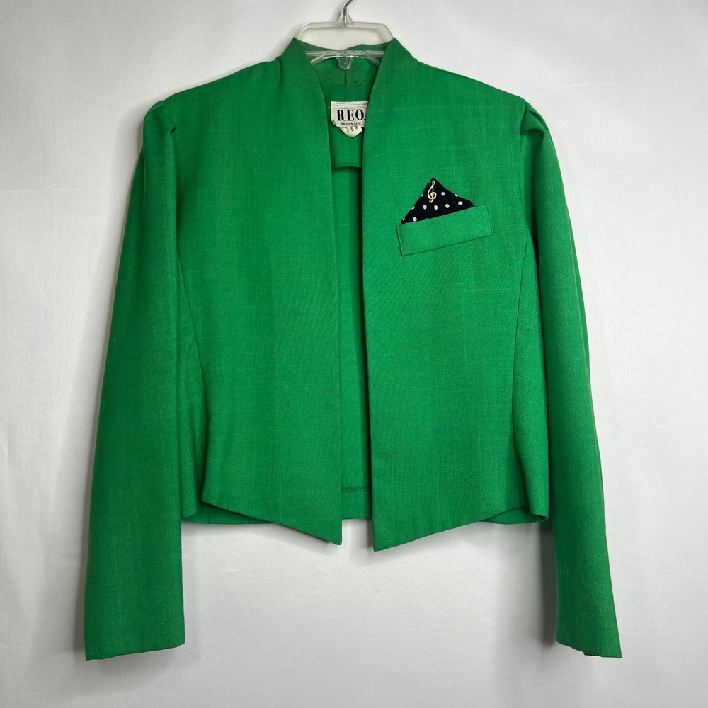 REO Originals Green Blazer‎ Crop Jacket Womens 8 Vintage Shoulder Pads Retro 80s